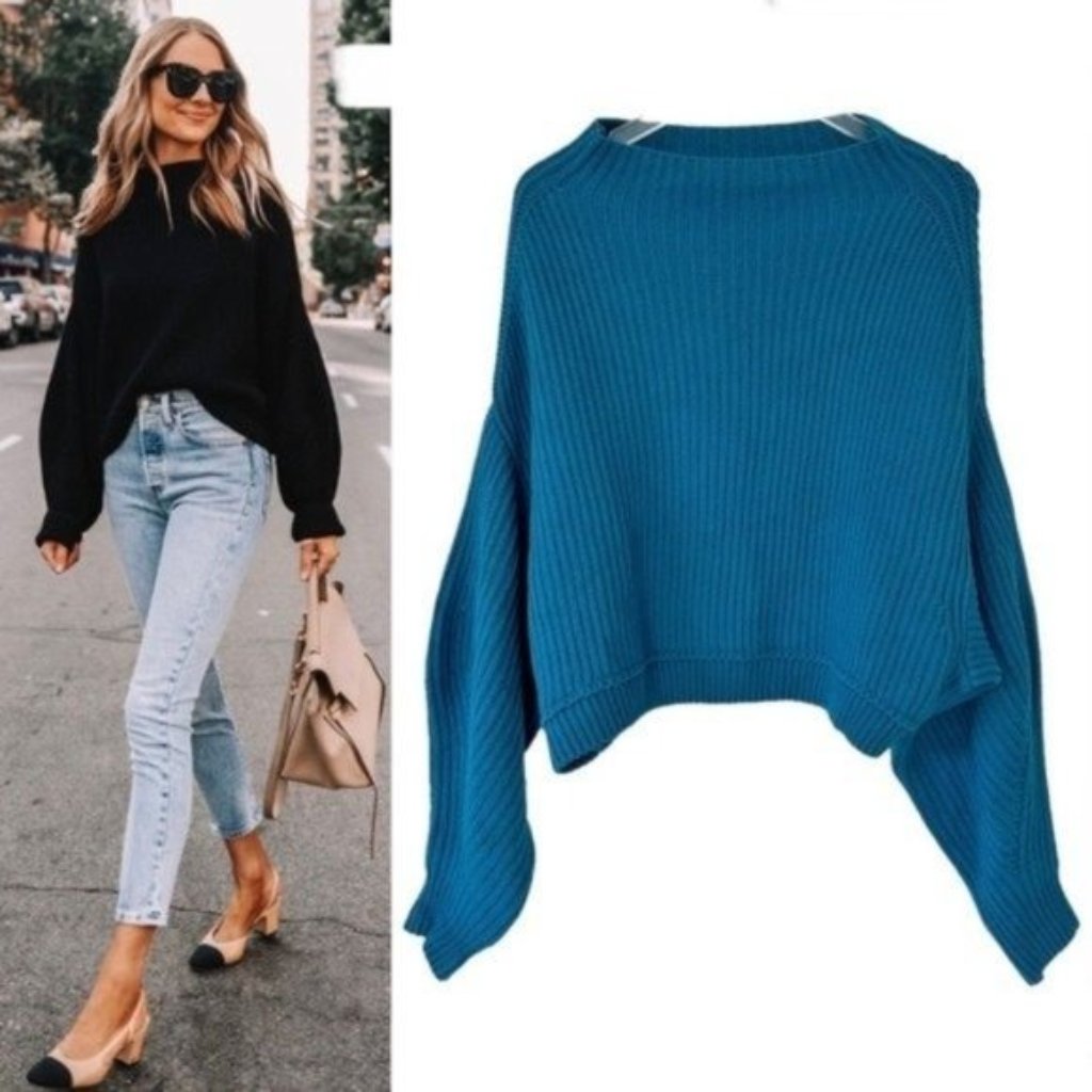 Free People Emmy Mock Neck Ribbed Knit Blue Teal Pullover Sweater Size Xs